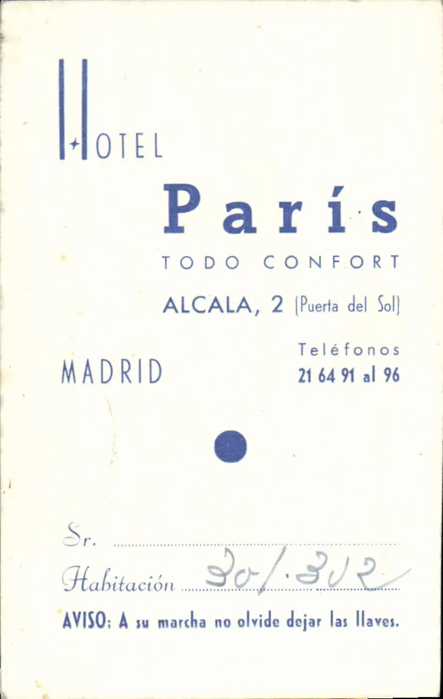 Hotel Paris — Madrid — onbekende uitgever, serie-nummer niet zichtbaar - Voorkant