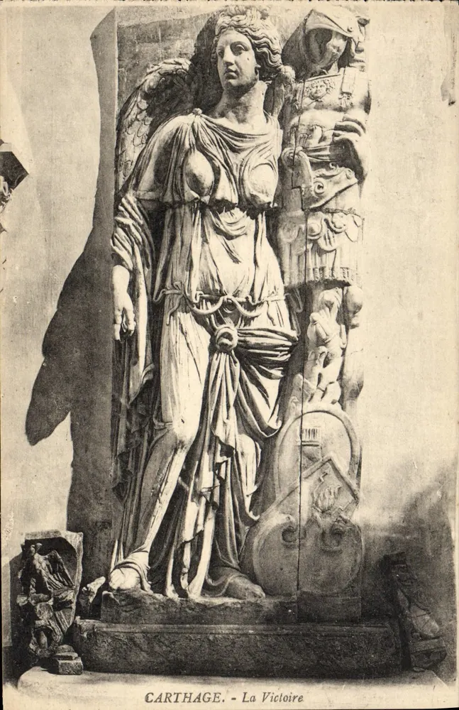 कार्थेज - विजय - विजय की देवी की प्रतिमा जिसके साथ एक लड़ाकू लड़ाकू लेस लिए हुए है - ए.एम. एडिटर नंबर 80 - आगे