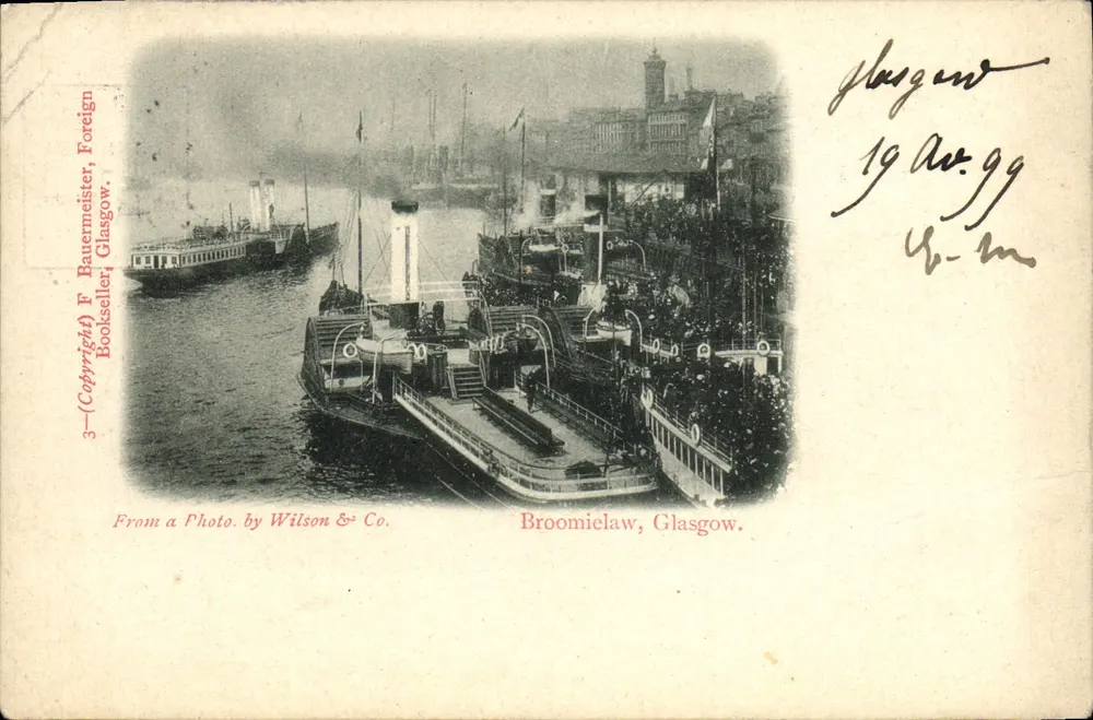 Broomielaw, Glasgow — flussseitiger Kai mit Dampfern und Menschenmenge — Verlag F. Bauermeister, Foreign Bookseller, Glasgow, n°3 - Vorderseite
