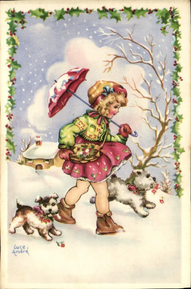 Niña con dos perros bajo la nieve — Ediciones Superluxe-París - Anverso