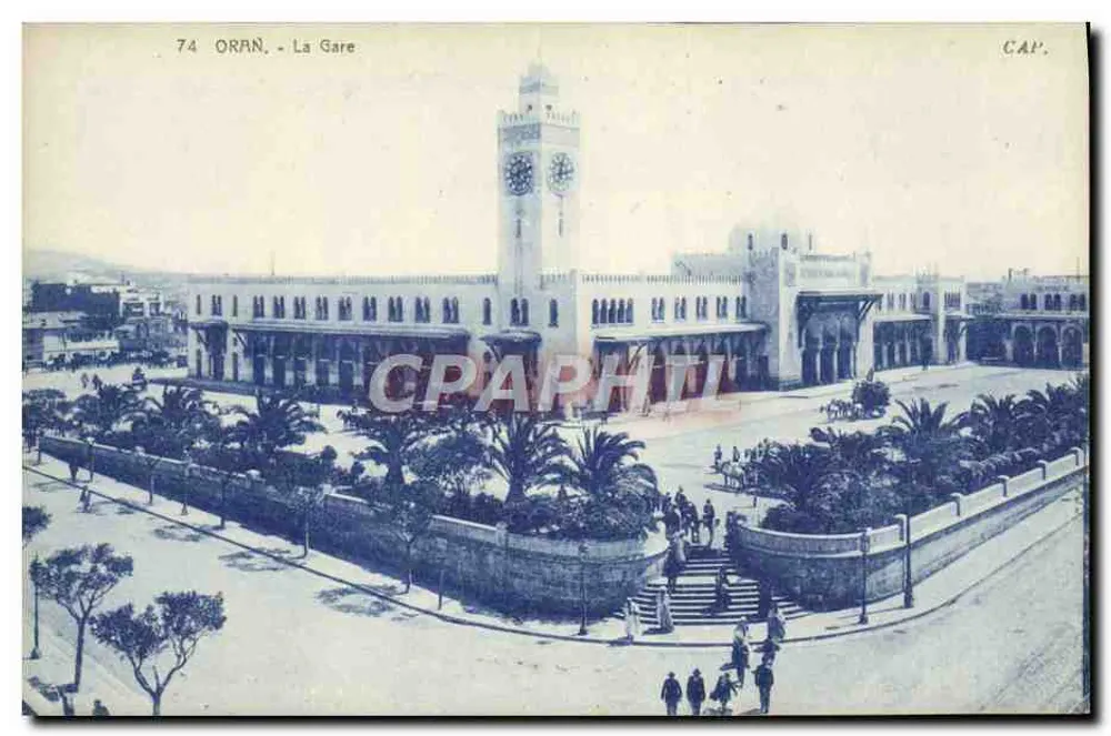 Oran - A Estação — vista da estação com seu imponente campanário — edição H. Lefebvre - Oran, n°74 - Frente
