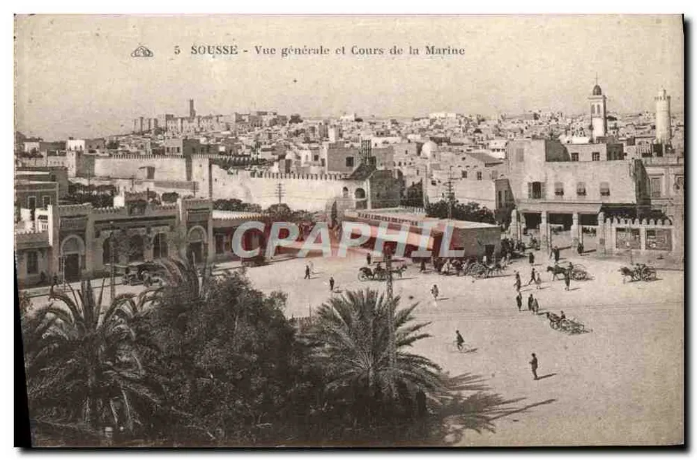 Sousse - Visão geral e Cours de la Marine — editor 'Associação dos Artes Fotográficos, Sousse, 1917' - Frente