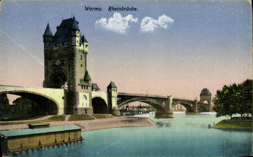 Worms. Ponte do Reno — Ponte sobre o Reno com torre de canto — editor não identificado - Frente