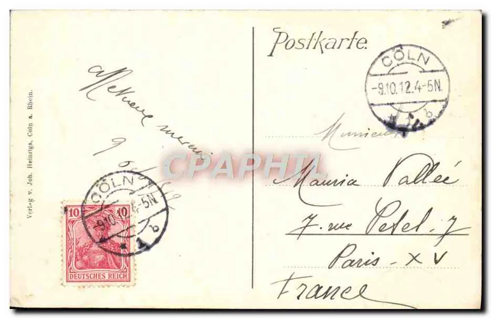 Cöln a. Rh. — Hohenzollernbrug met torens en metaalbrug — Verlag v. Joh. Henrags, Cöln a. Rhein. - Achterkant
