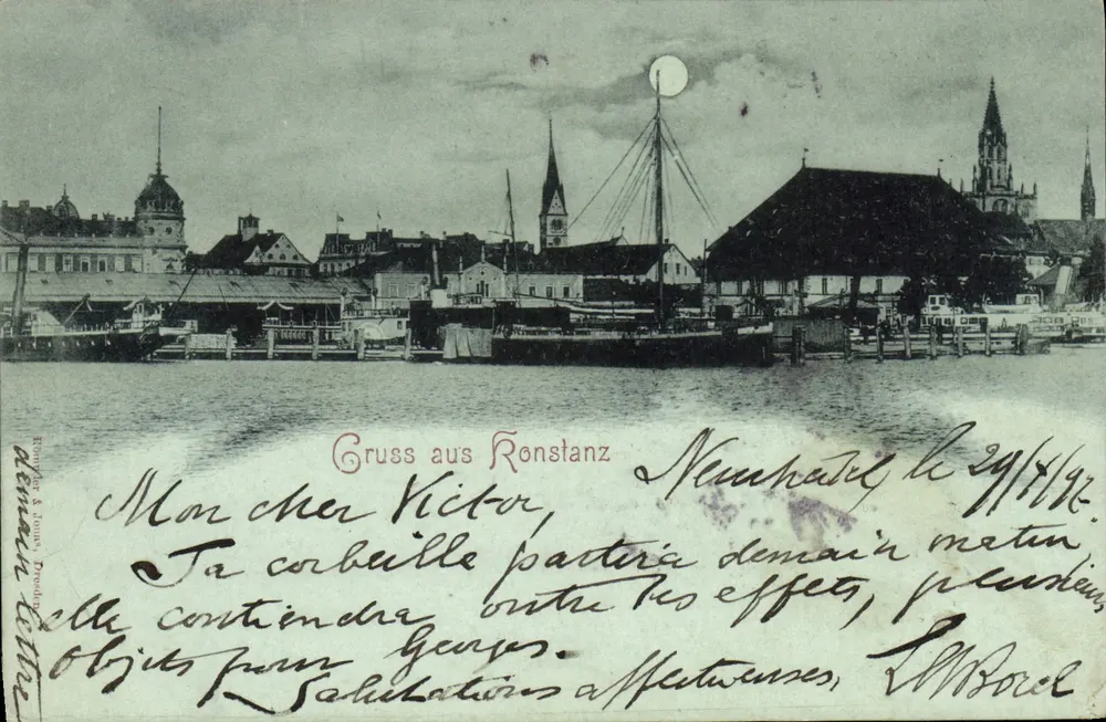 Konstanz — vista do porto com igreja e barcos — editor Rempfer & Jünes, Dresde - Frente