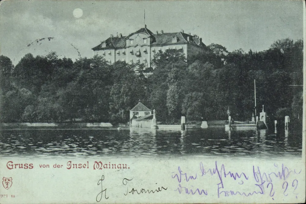 Schloss auf der Insel Mainau — Nachtsicht mit Mond — unbekannter Verlag, Seriennummer nicht sichtbar - Vorderseite