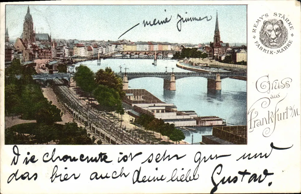 Ansicht der Fluss und Brücken in Frankfurt am Main — Remy's Stärke Fabrik-Marke, Seriennummer nicht sichtbar - Vorderseite
