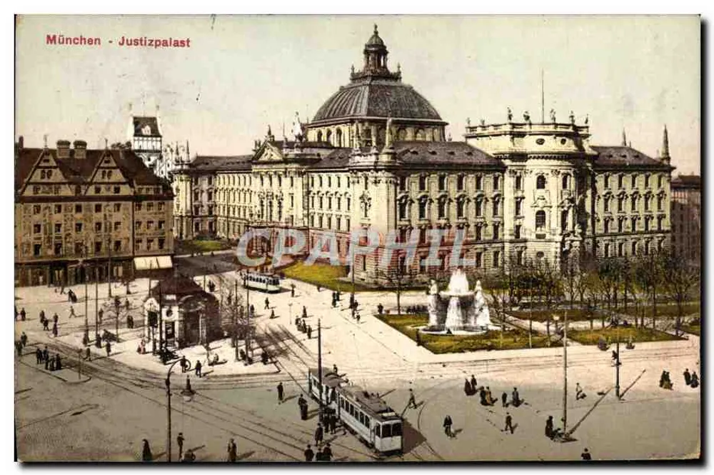 Munique - Justizpalast — visão da praça com fonte e trêmio — editor Franz Hayner, n° 1380 - Frente