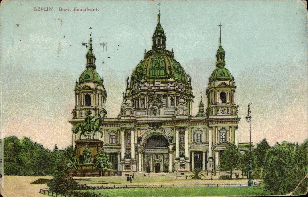Berlin. Dom, Hauptfront — vue de la façade principale avec édifice central à dôme vert et deux tours, éditeur U.S.L.b. 19084 - Frente