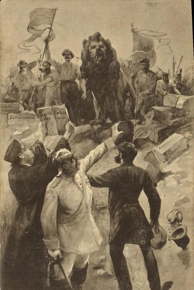Manifestação operária diante de um leão — edição Buchhandlung Vorwärts, Berlim — n° 161 - Frente