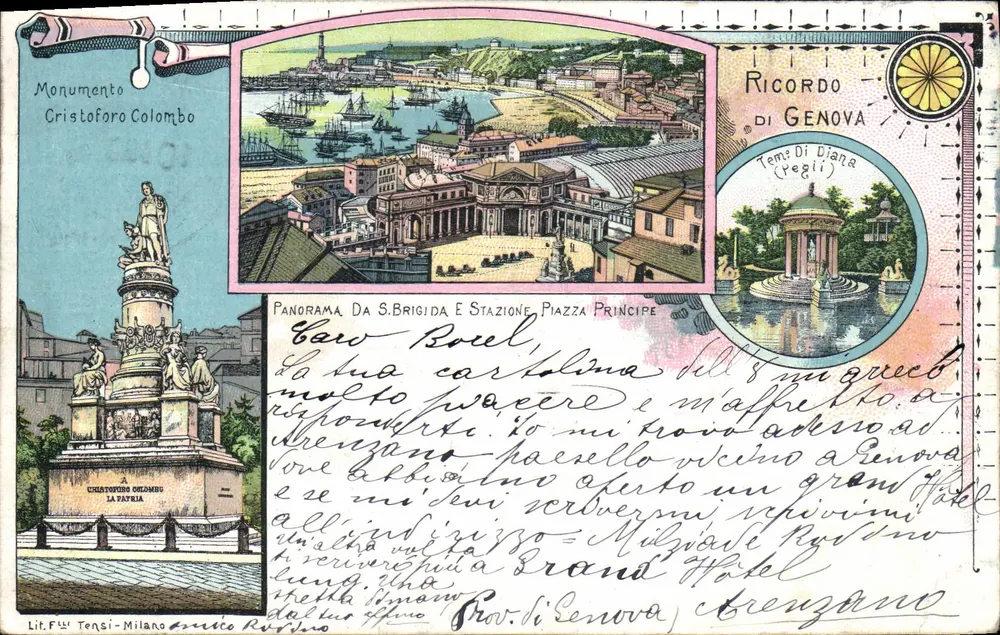 Genua — Panorama der Stadt, Denkmal für Christoph Kolumbus und Tempel der Diana — Lit. F. Tensi-Milano - Vorderseite