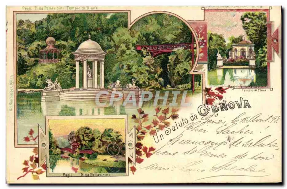 Peggi, Villa Pallavicina, Templo de Diana — vista panorâmica — Ed. Verciuber, Milão - Frente