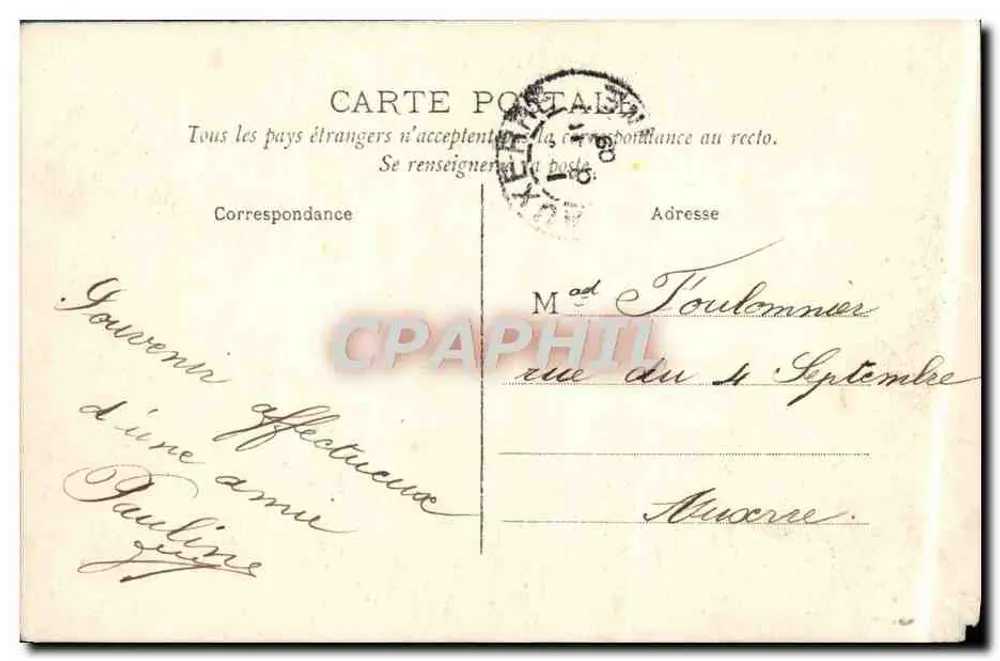 Frau in violettem Kleid, Blumen überreicht — De Vincellea, ich sende Ihnen diese Blumen — 5c grüner Stempel der französischen Republik - Rückseite