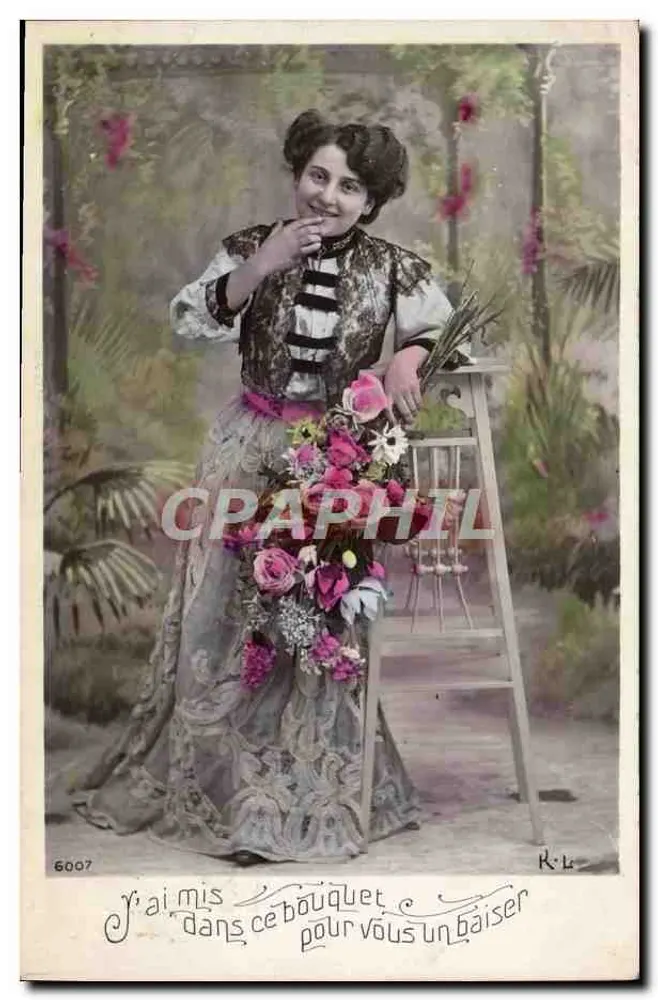 Junge Frau mit Blumenstrauß — farbig gefärbte Ansichtskarte — Verlag K.L., n° 6007 - Vorderseite