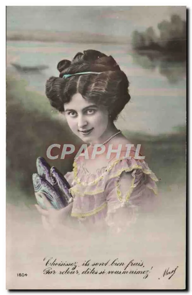 Junge Frau mit Socken — 'Cherchez-les, ils sont bien frais, Pour retour, dites si vous aimez!' — Manf, n° 1804 - Vorderseite
