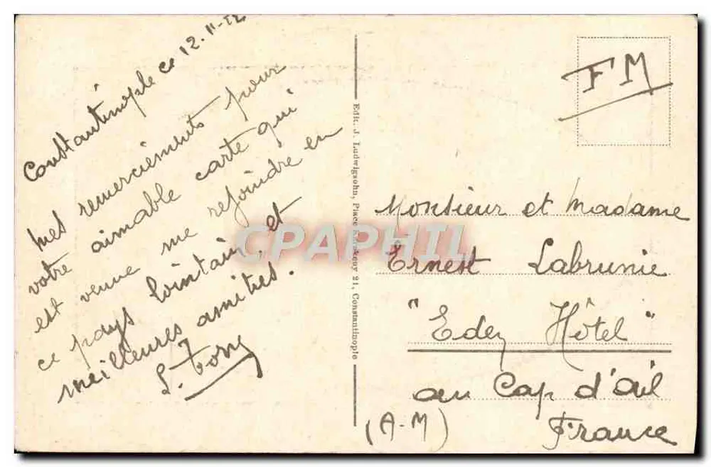 Constantinopla — Torre de Galata — Editor J. Lauterbach, n° 77462 - Verso