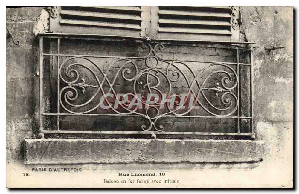 Rue Lhomond, 10 — Eisenbalcon mit Initial — Paris d'autrefois, n°78 - Vorderseite