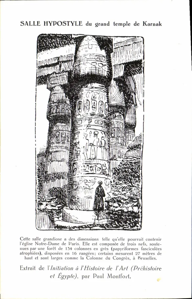 Sala hipóstila do grande templo de Karnak — Extrato da 'Iniciação à História da Arte' (Pré-História e Egito) — Edições Van der Linden, Bruxelas - Frente