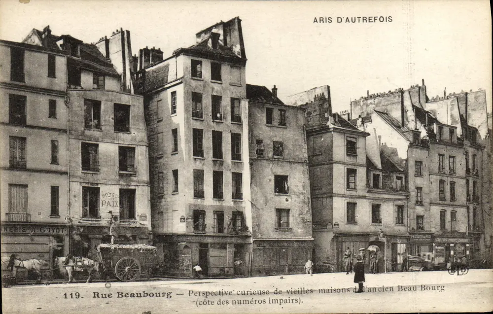 Rue Beaubourg — Perspectiva curiosa de antigas casas do antigo Beau Bourg (lado dos números ímpares) — ARIS D'AUTREFOIS - Frente