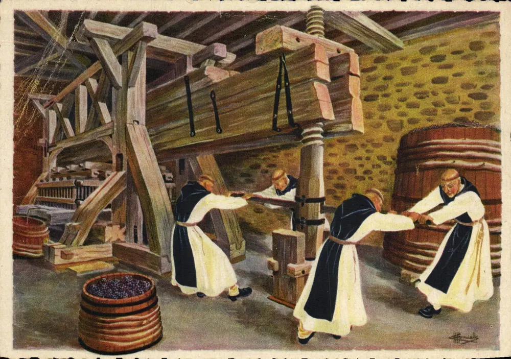 Moines Trappistes à l'un des quatre pressoirs du Château du Clos-Vougeot — Reproduction aquarelle de Charles Homualk, éditée par G. Artaud, Nantes - Vorderseite