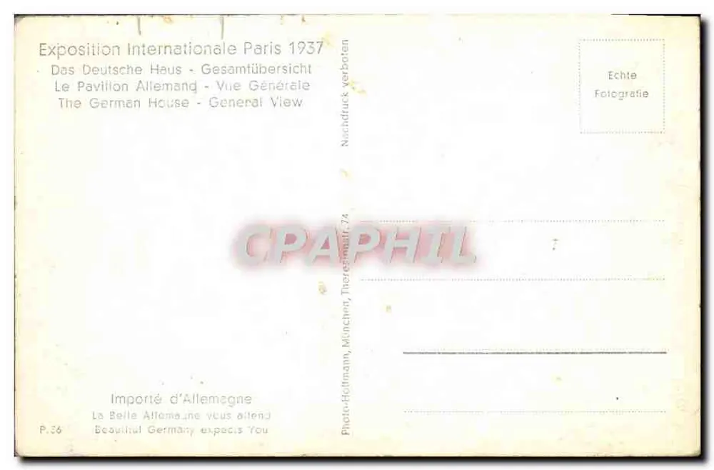 Internationale Ausstellung Paris 1937 — Das deutsche Pavillon — Photo-Hollmann, München, n° P.36 - Rückseite