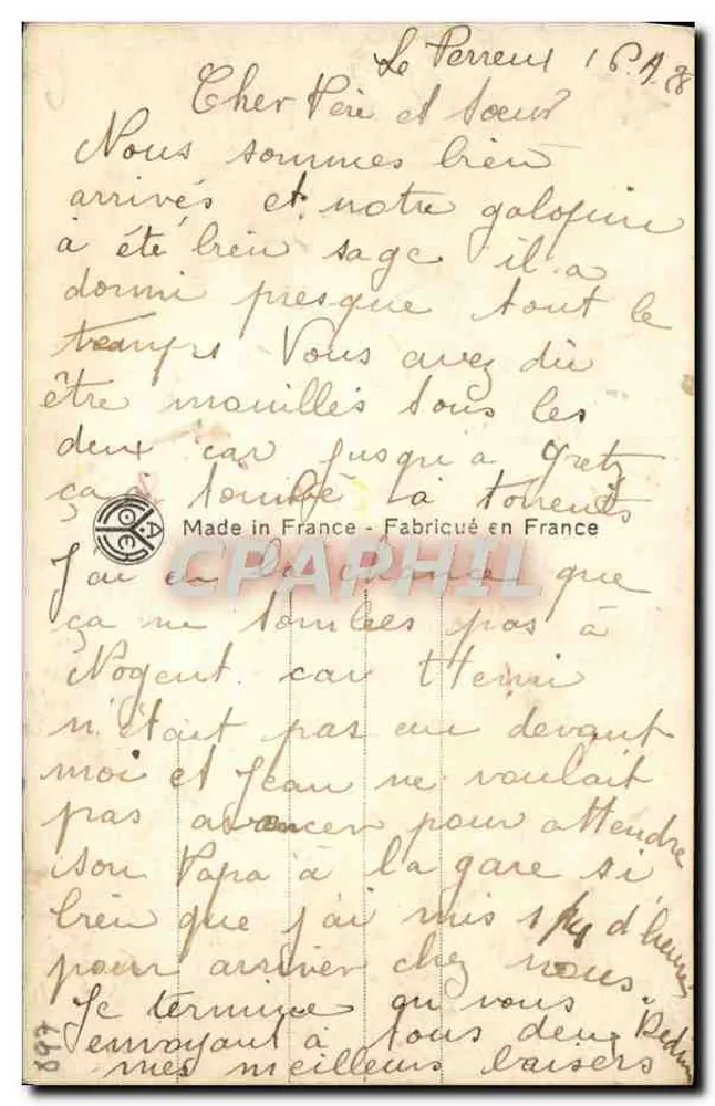 Antike Ansichtskarte — Handschriftliche Korrespondenz — Made in France - Fabriqué en France - Rückseite