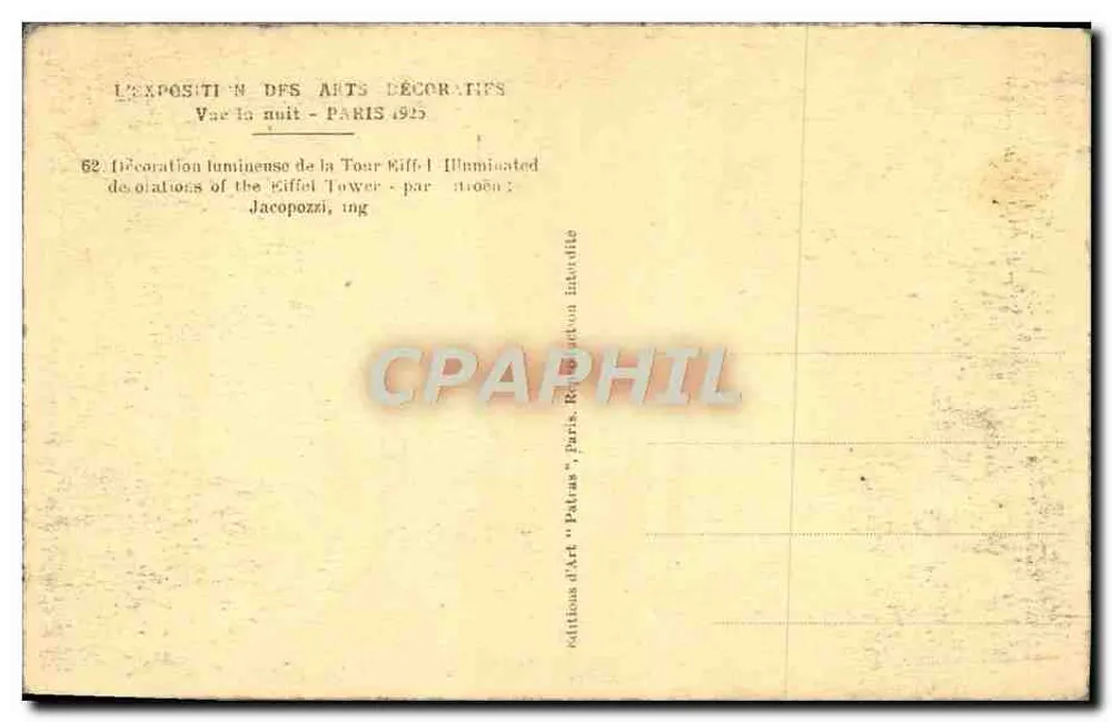 Lichtdecoratie van de Eiffeltoren — Expositie van Decoratieve Kunsten, Parijs 1925 — uitgaven van Kunst 'Patras' - Achterkant