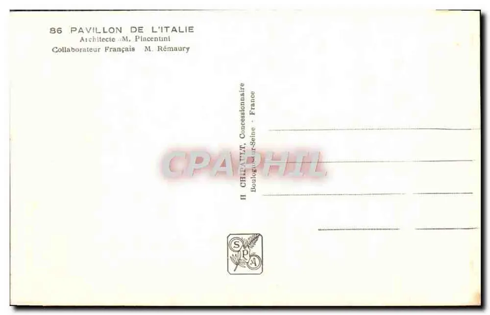 Pavillon Italiens — Internationale Ausstellung Paris 1937 — CHIAPATI, Verkäufer - Rückseite