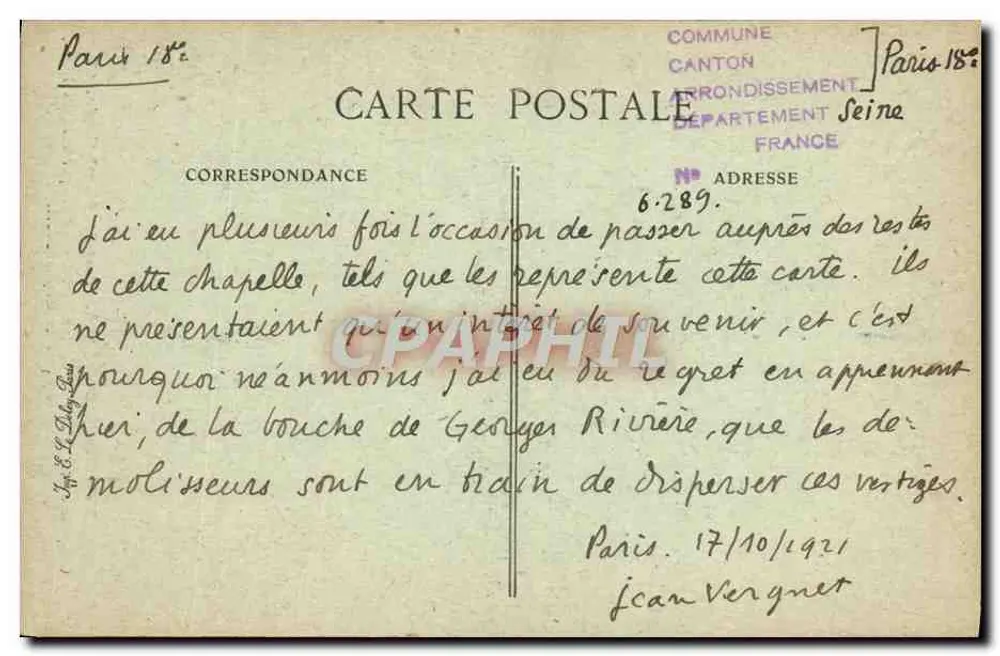 Paris d'autrefois — Kapelle der Dreifaltigkeit im 16. Jahrhundert, Rue du Mont-Cenis, 67 — Verleger B-D - Rückseite