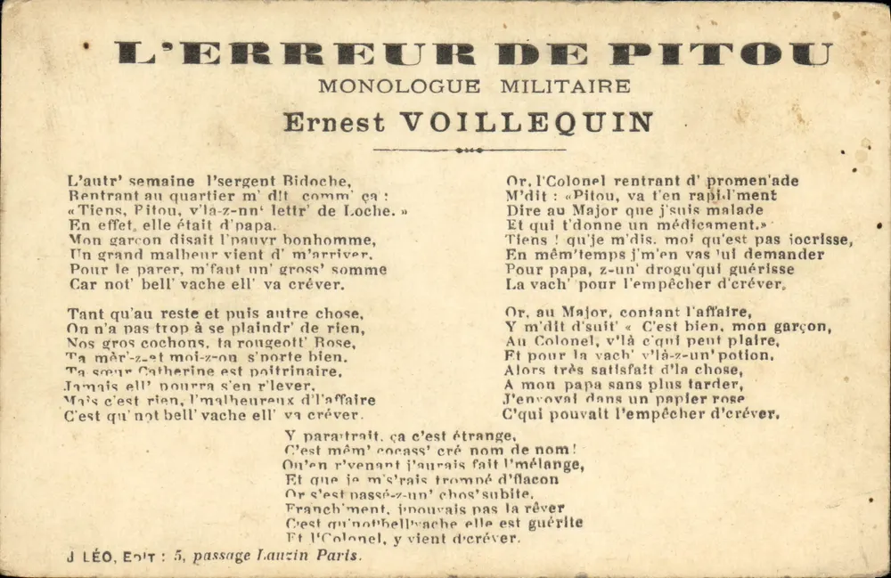 L'ERREUR DE PITOU — Monologue militaire — Ernest VOILLEQUIN — J. LÉO, Édit. 5, passage Laurain, Paris - Vorderseite