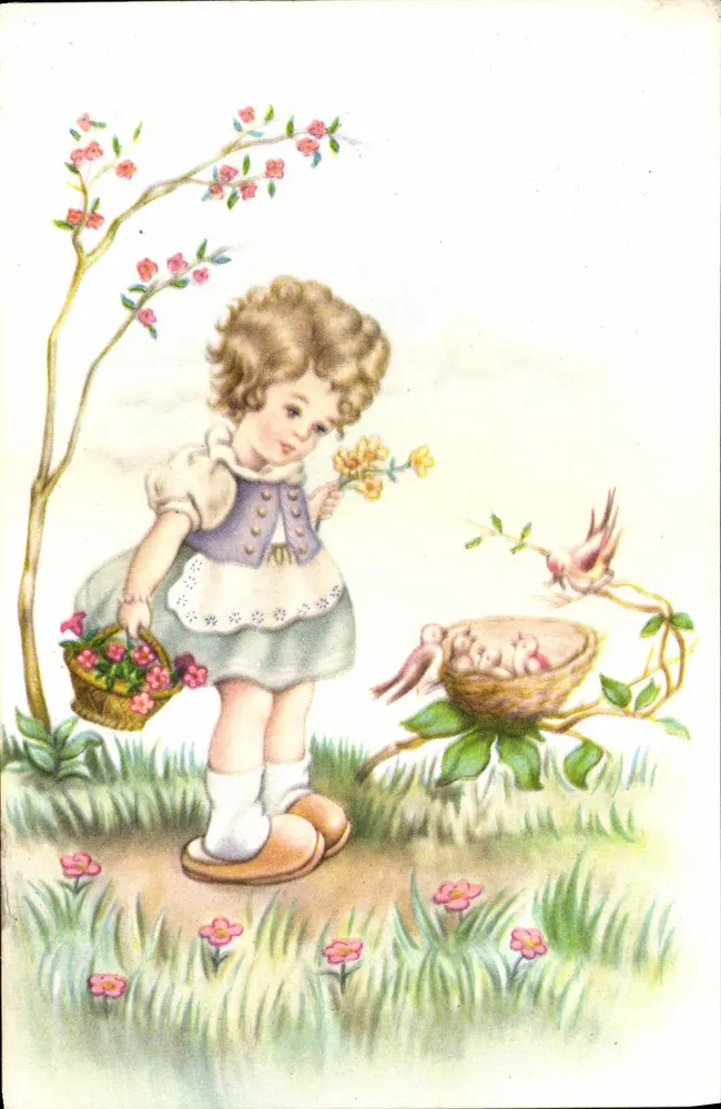 Menina com cesta de flores — pássaros e ninho — Éditions Univers, Paris, n° 414 - Frente