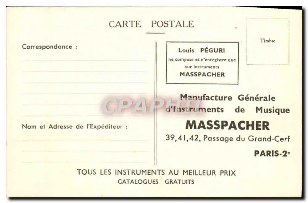 Louis Péguri — Musiker mit Masspacher Akkordeon — Verlag: Generalfabrik für Musikinstrumente Masspacher - Rückseite