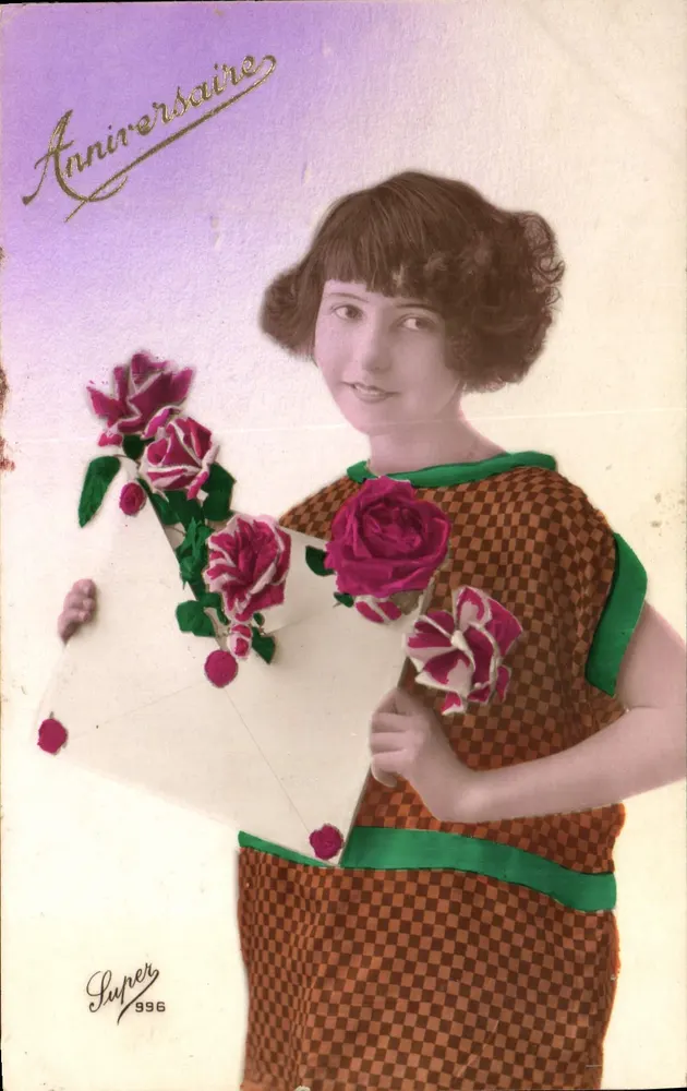 Frau mit einem Rosenstrauß — Geburtstag — Juper 396 - Vorderseite