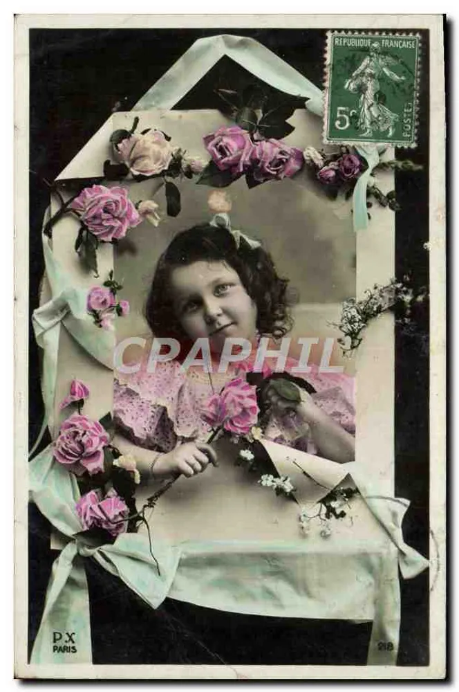 Menina com rosas — decoração floral e selo de 5c — editor PX Paris, n°218 - Frente