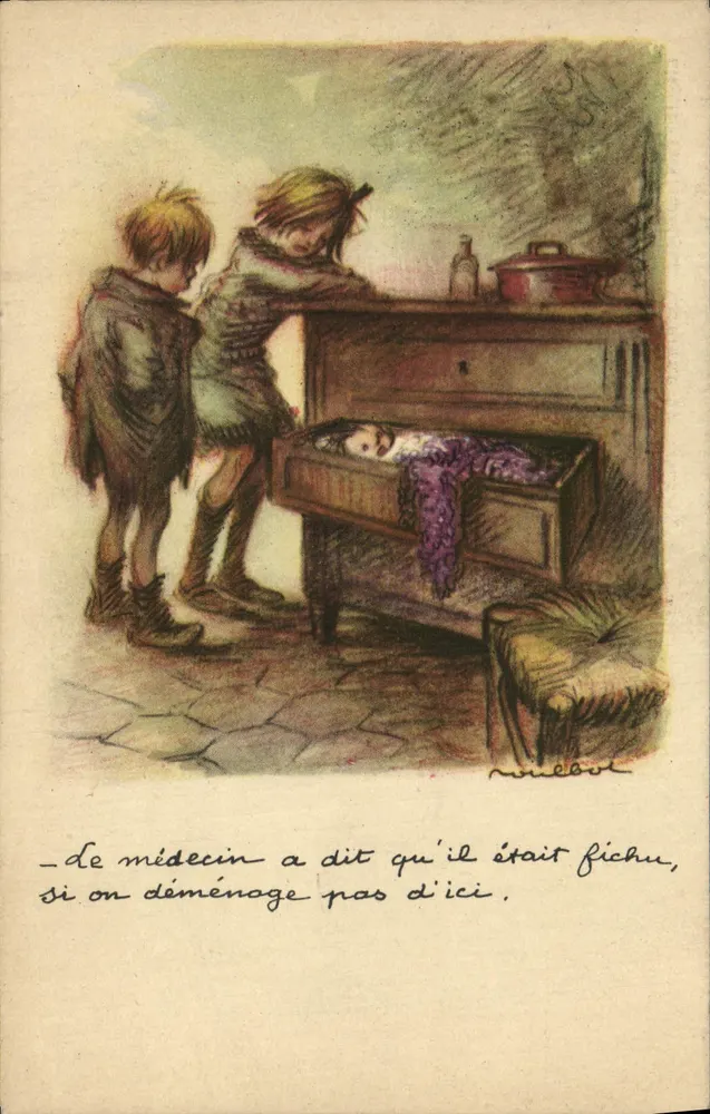 Deux enfants devant un berceau — scène de vie — éditeur : Ligue Nationale Contre le Taudis - Recto