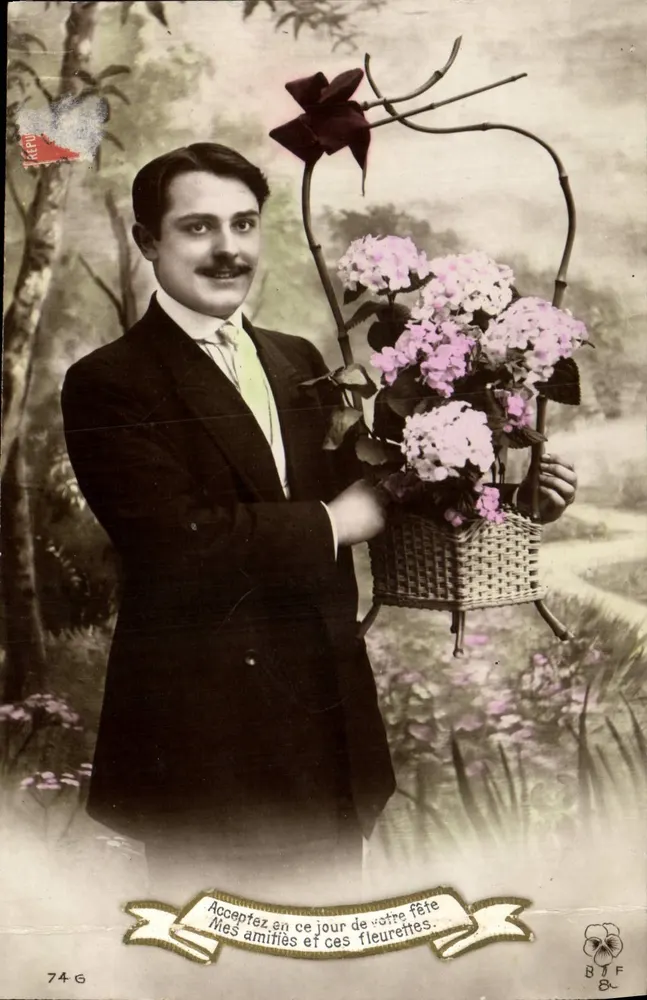 Homme à la corbeille de fleurs — scène de studio — éditeur BTF, n° 746 - Voorkant