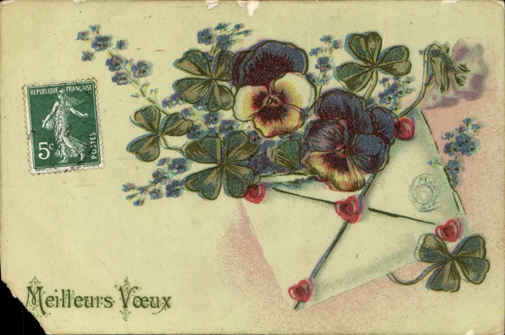 Fleurs et enveloppe — bouquet de pensées et trèfles — éditeur : Union postale universelle, n°18 - Frente