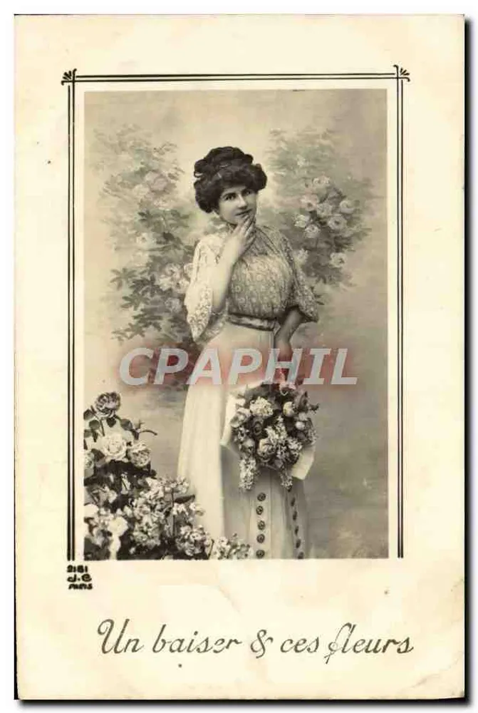Frau in Kleid mit Mustern — mit Blumenstrauß — J.-C. Paris, n° 2181 - Vorderseite