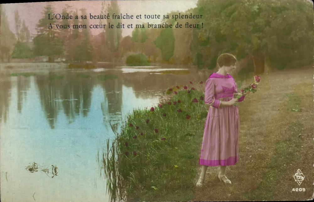 Frau in einem rosa Kleid nahe einem See — lyrischer Text — Verlag L. B. F. Nader, Nr. 4209 - Vorderseite