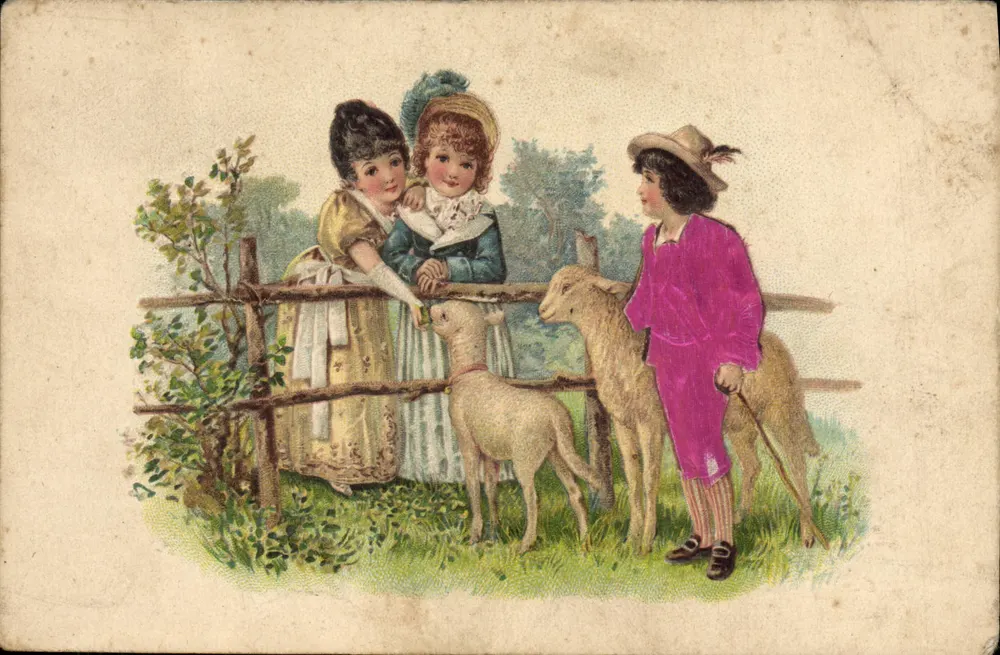 Trois enfants avec des agneaux — scène pastorale — éditeur non visible - Vorderseite