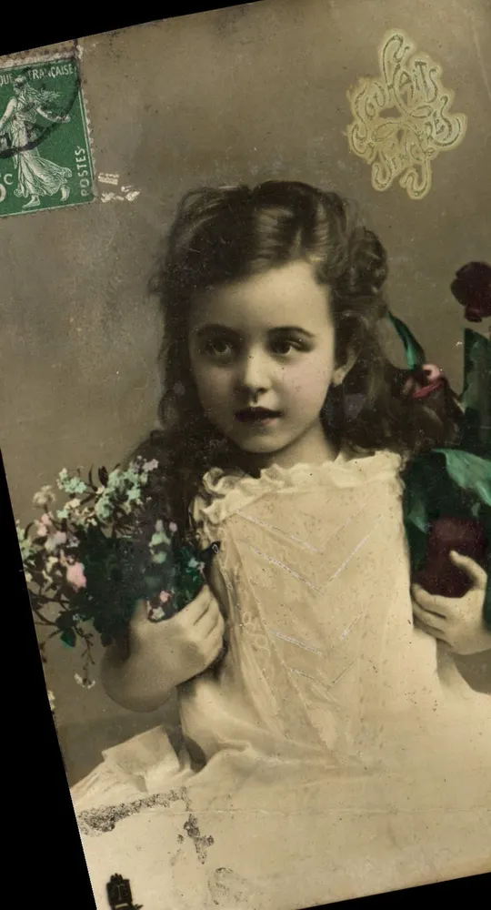 Fille en robe blanche — tenant bouquet et fruit — éditeur Raphaël Tuck & Fils, série 101 - Frente