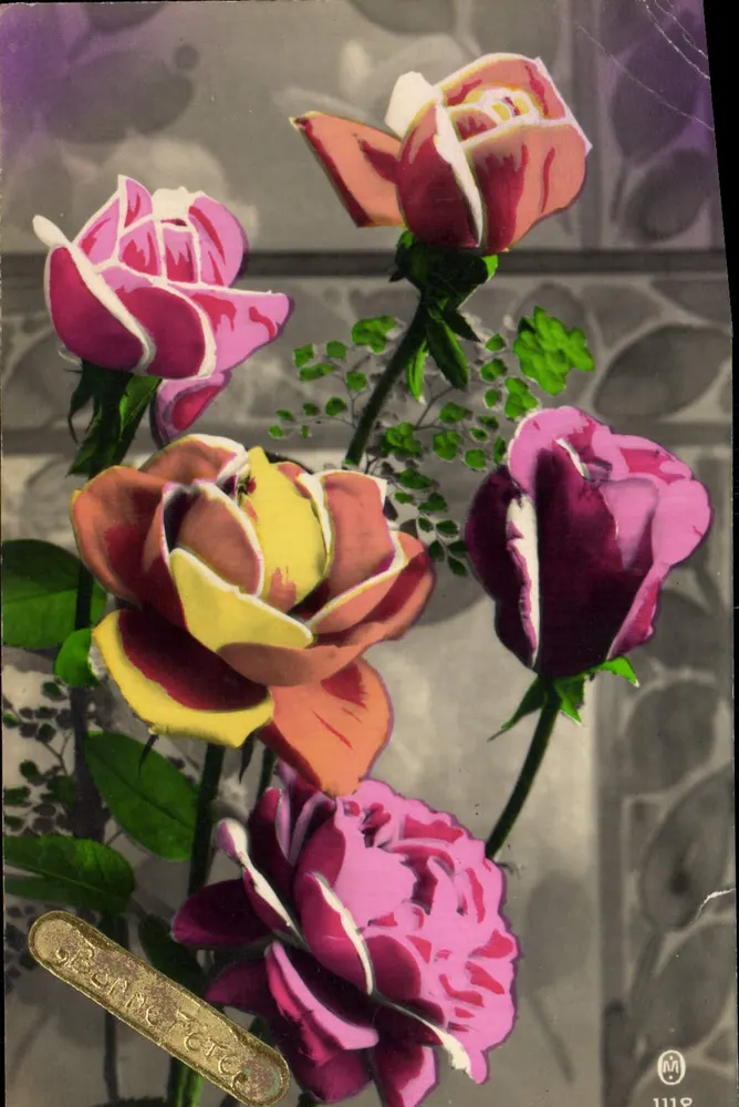 Roses colorées — composition florale — éditeur G. Bonneterre, n° 1118 - Frente