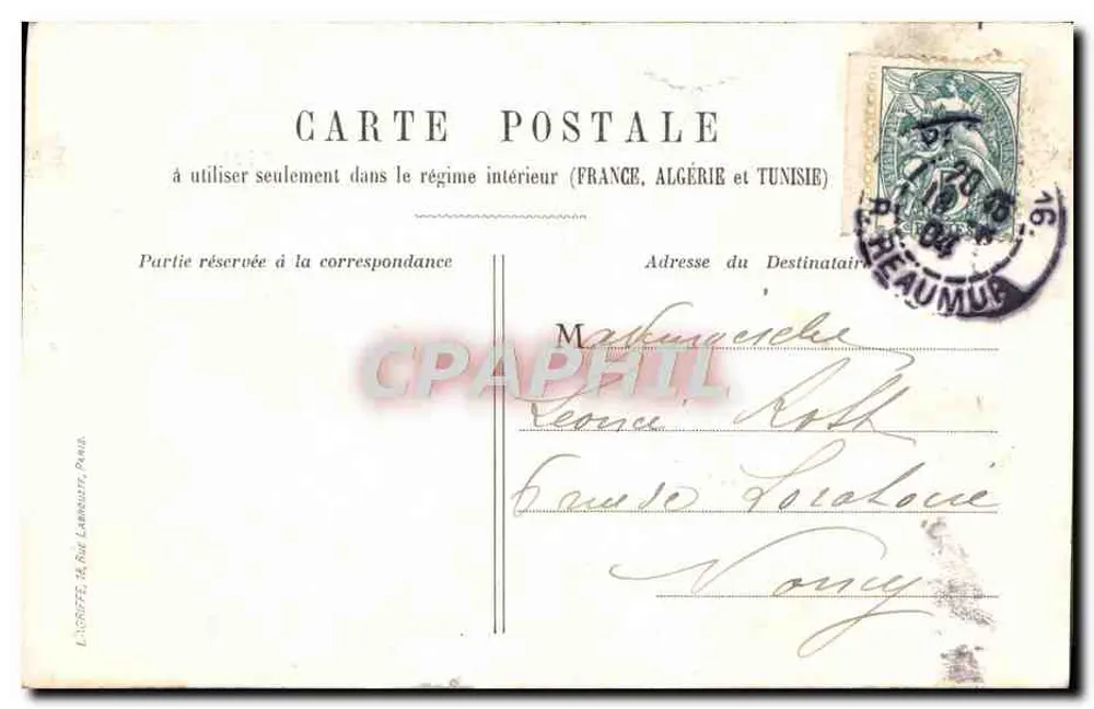 Frau in langer Robe nahe einem Teich — gedruckter Text und Unterschrift — Verleger L. LAMOURET, Paris, n°5 - Rückseite