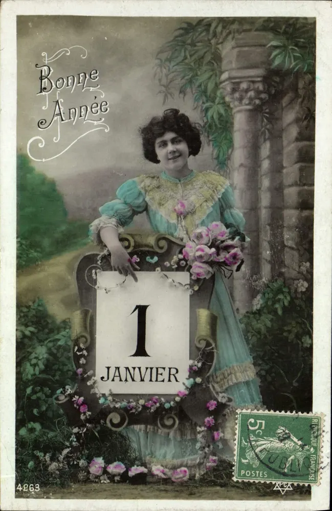 Frau in blauer Robe — Kalender zum 1. Januar — Verlag Ruchouche, n°4263 - Vorderseite