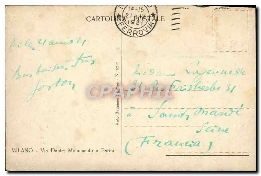 Milano - Via Dante, Monumento a Parini — editore Cartolina Postale, N. 6217 - Verso