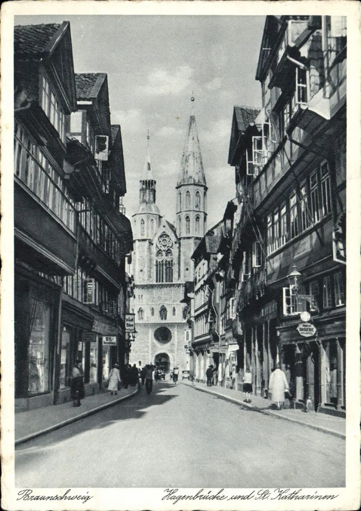 Braunschweig — Hagenbrücke und St. Katharinen, vue de la rue avec édifice gothique et façades à colombages — éditeur Hilmar Landwehr, Kunstverlag, Braunschweig, n° 212 - Vorderseite