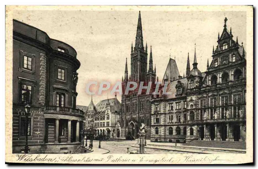 Wiesbaden, Piazza del Castello con Municipio e Chiesa Evangelica — editore Bremer & Co. n° 34014 - Recto