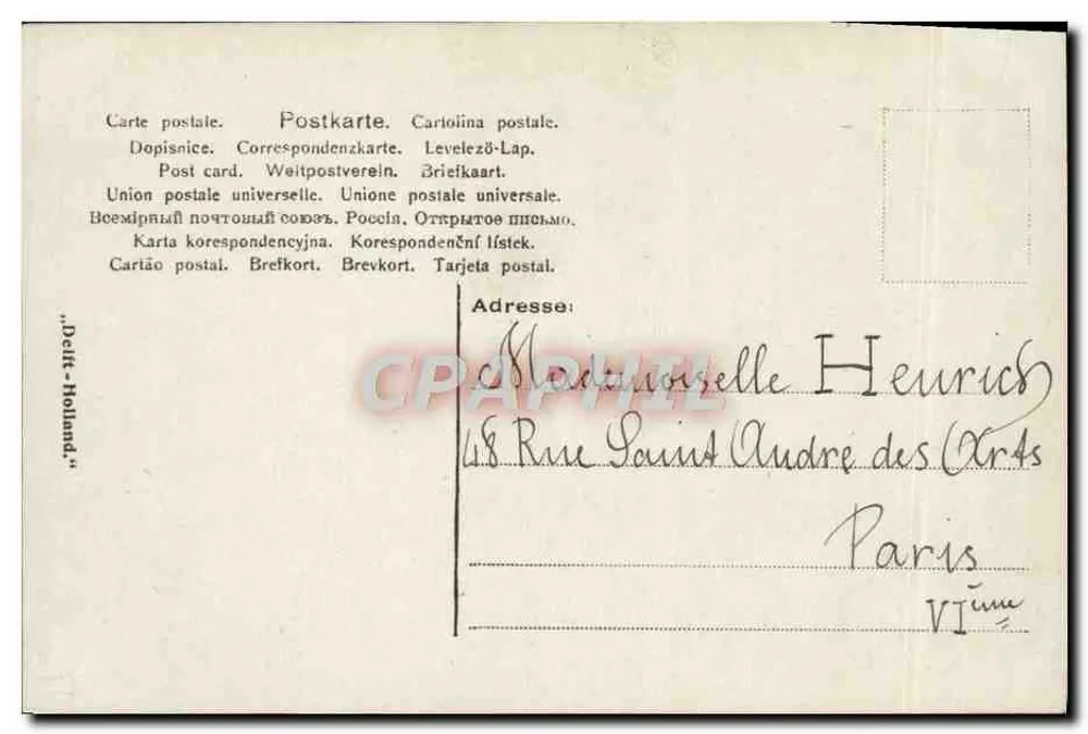 Frau mit Spitzenkappe — niederländisches Landschaftsbild mit Windmühlen — Verlag 'Deutsches Postamt' Nr. 497/4 - Rückseite