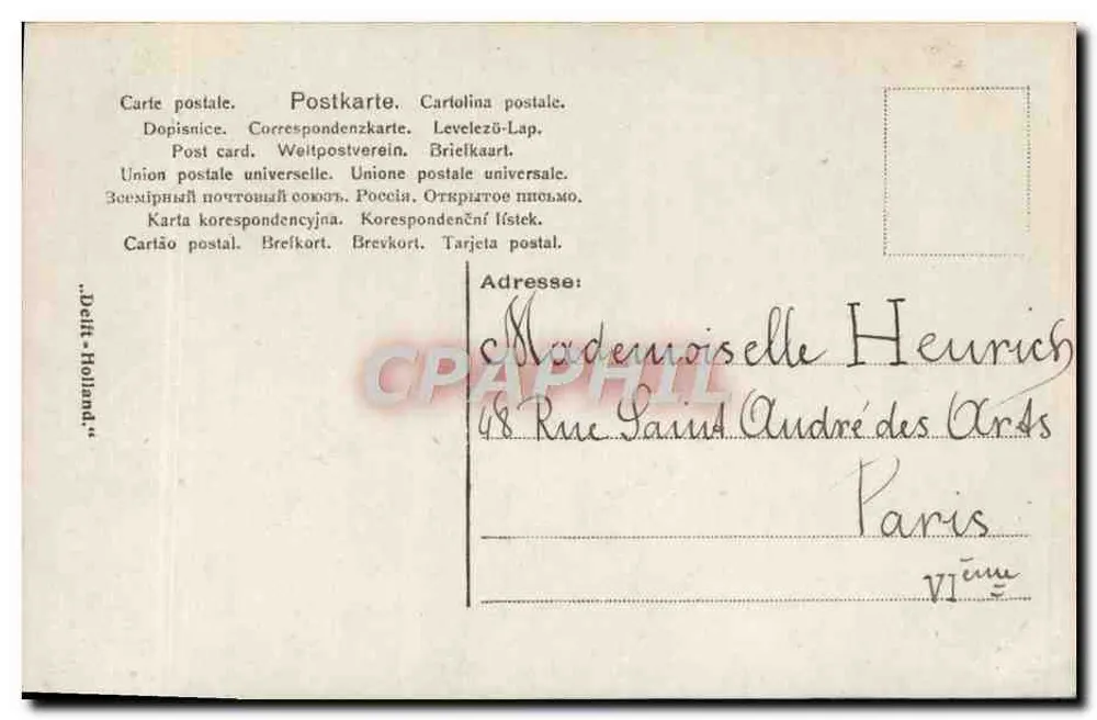 Mädchen in weißem Hut — Ansicht eines niederländischen Dorfes — Verlag N.V. De Porceleyne Fles, Nr. 45710 - Rückseite