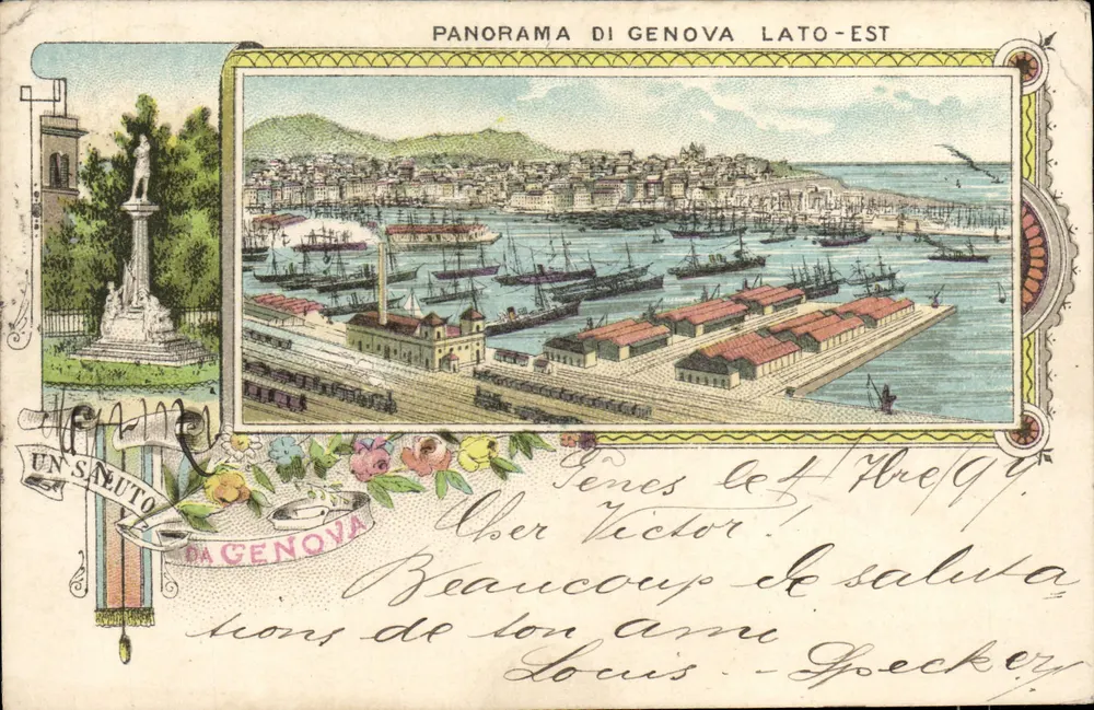 Panorama de Gênes côté-est — vue du port et du monument à Sanuto — éditeur Specker - Frente